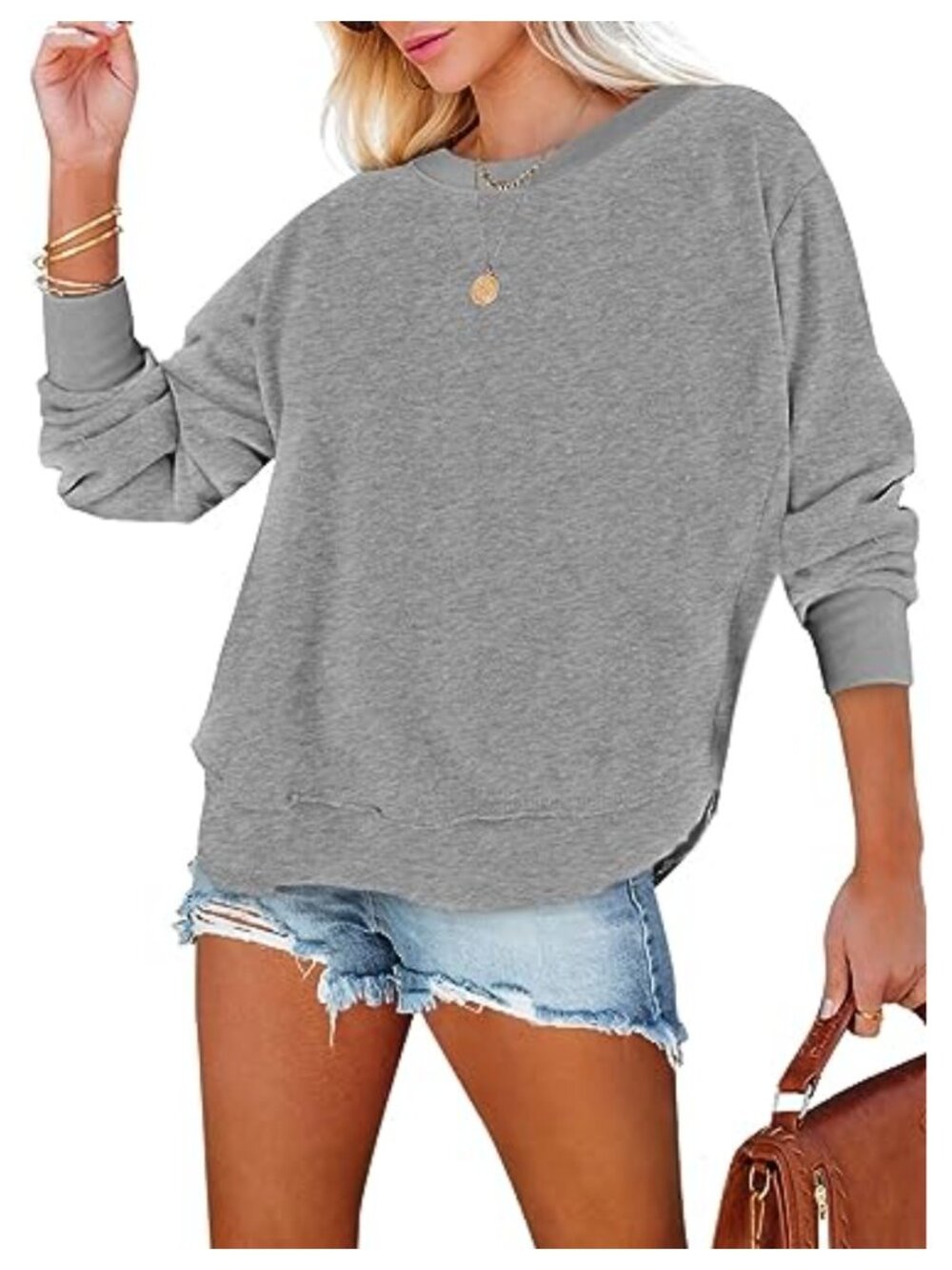 Womens Long Sleeve Crew Neck Sweatshirt Pullover Top Cotton Polyester